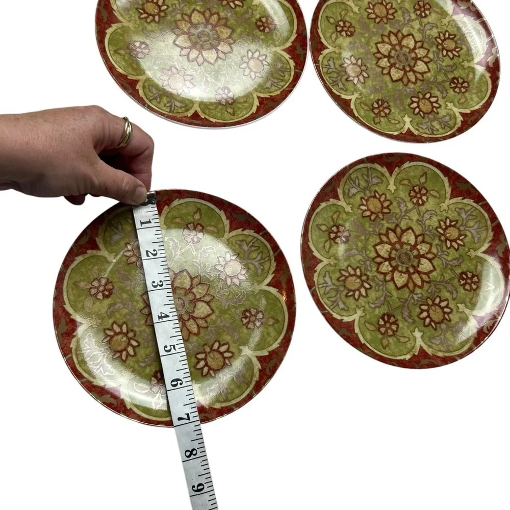 Pottery Barn Red & Sage Green Floral Plates 7” Dessert Salad Tuscan Set of 4